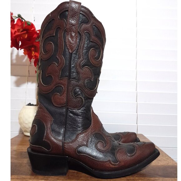 Women's Leather Tooled Snip Toe Brown Black J.B Dillon Cowboy Boots sz 7.5B - Picture 4 of 13